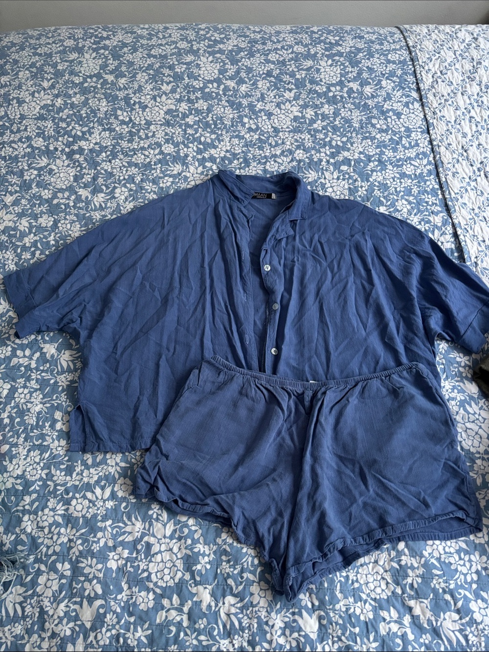 Blue Two-Piece Lounge Set - Button Front Top & Elastic Waist Shorts